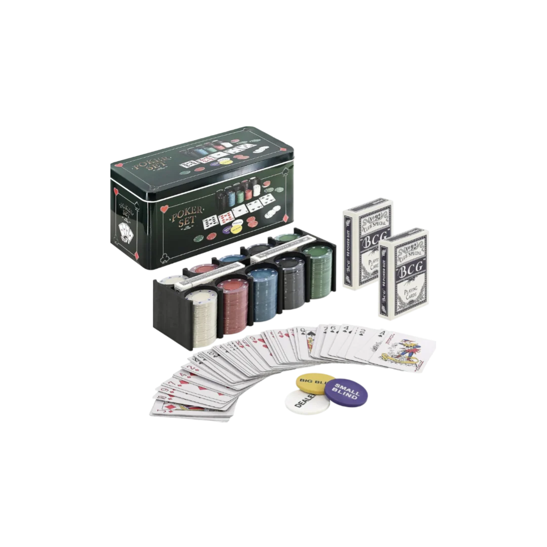 Poker Game Tin Pack 200 pieces complete set showing dark green tin box 200 multi-color chips in tray 2 BCG card decks dealer small blind big blind buttons and spread playing cards - full set view