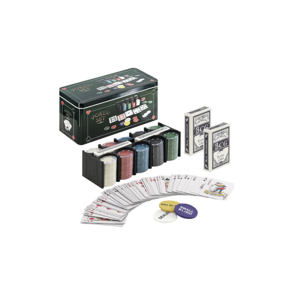 Poker Game Tin Pack – 200 Chips with Cards, Felt Mat & Dealer Buttons | Complete Set