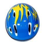 Kids skating helmet blue shell with bold yellow flame graphics and multiple ventilation holes