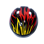 Kids skating helmet black shell with red and yellow flame graphics - top view showing ventilation holes