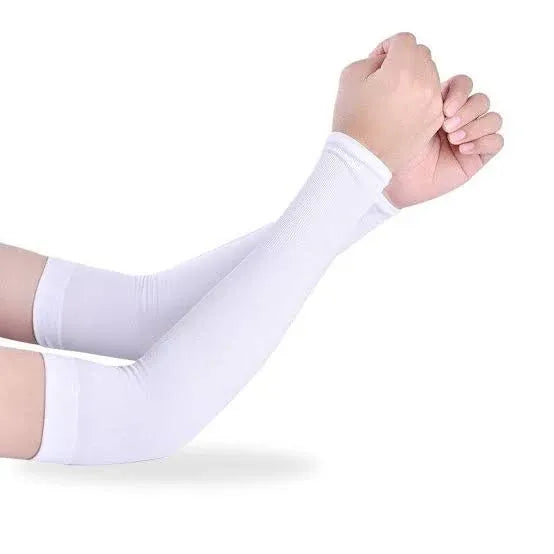 UV Protection Cooling Arm Sleeves white lifestyle shot showing both arms wearing full length white arm sleeves with ribbed knit wrist fists clenched on white background