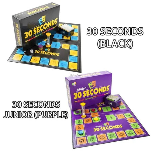 30 Seconds Junior purple board game open showing game board, sand timer, dice and card box