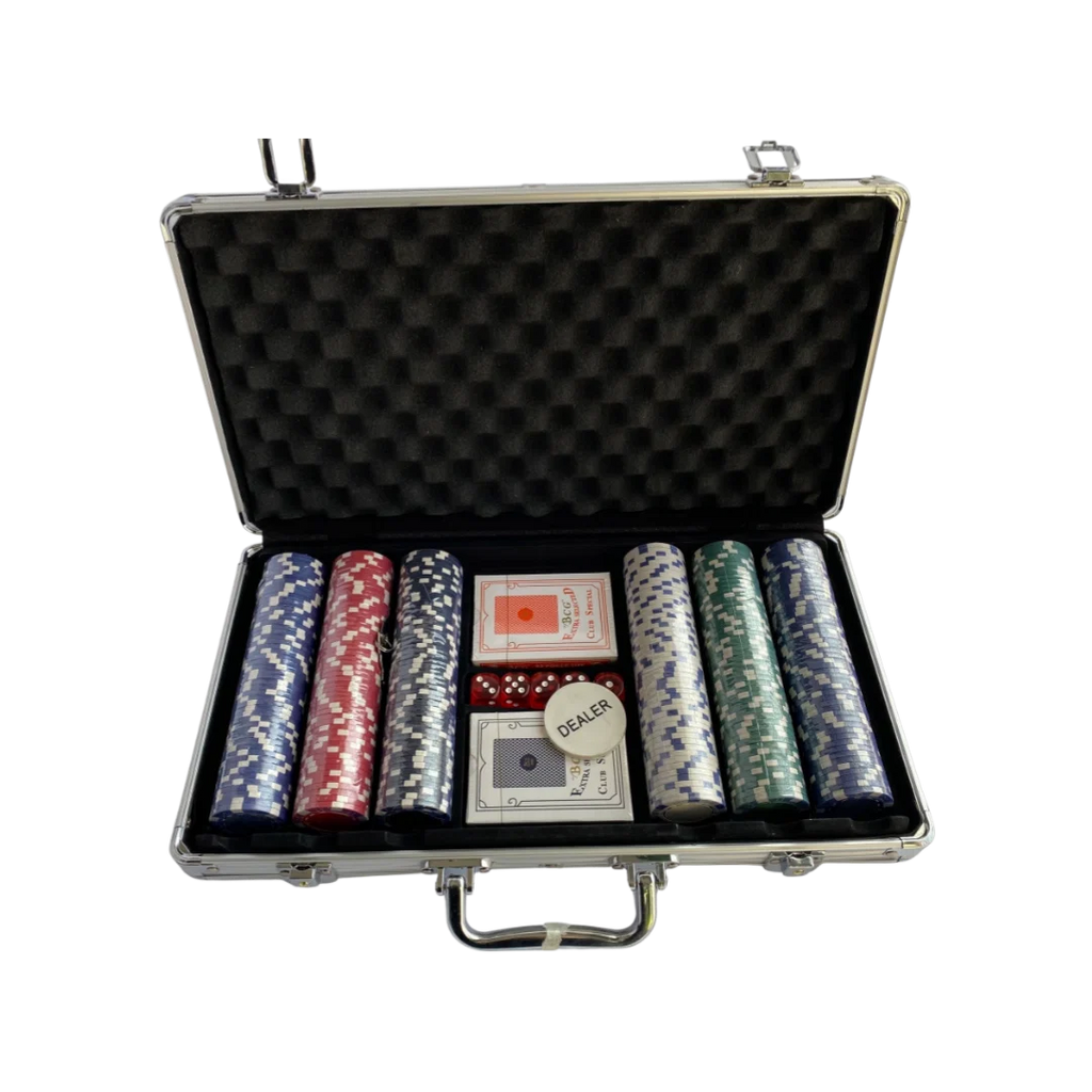 Poker Game Briefcase Pack 300 pieces open large silver aluminum case showing black foam-lined interior with 300 top branded chips in 5 colors 2 BCG card decks red dice and Dealer button - full set open case view