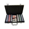 Poker Game Briefcase Pack 300 pieces open large silver aluminum case showing black foam-lined interior with 300 top branded chips in 5 colors 2 BCG card decks red dice and Dealer button - full set open case view