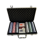 Poker Game Briefcase Pack 300 pieces open large silver aluminum case showing black foam-lined interior with 300 top branded chips in 5 colors 2 BCG card decks red dice and Dealer button - full set open case view