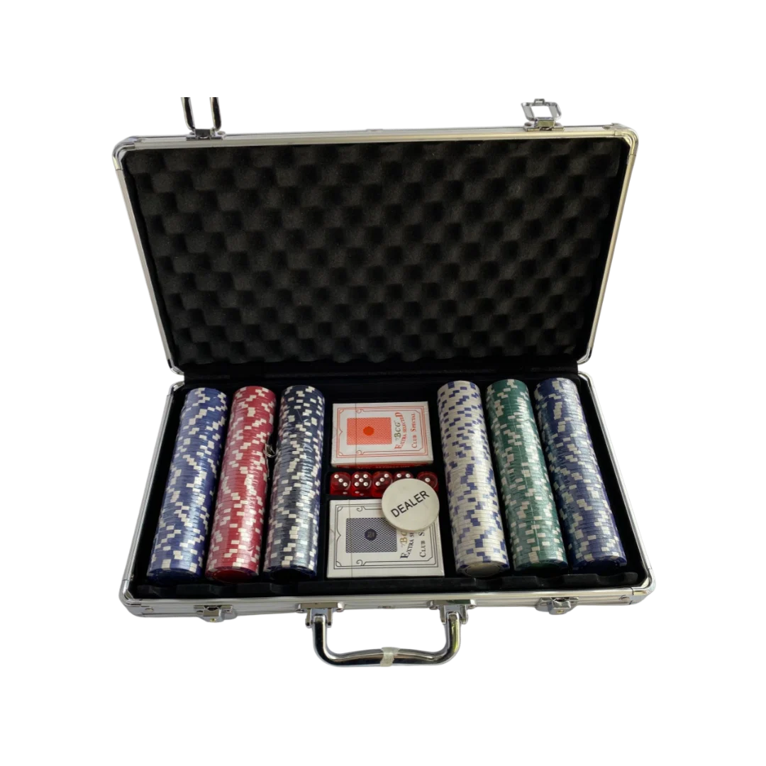 Poker Game Briefcase Pack 300 pieces open large silver aluminum case showing black foam-lined interior with 300 top branded chips in 5 colors 2 BCG card decks red dice and Dealer button - full set open case view