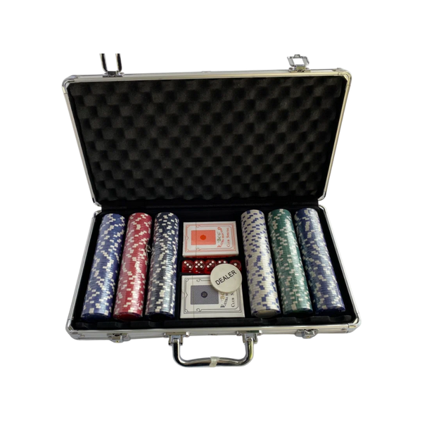 Poker Game Briefcase Pack – 300 Chips with Cards, Dice & Dealer Button | Aluminum Case
