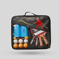Nibiru Sport 4 Player Table Tennis Set black carry bag showing 4 rackets 6 balls white and orange and blue retractable net with yellow clamps - front bag view