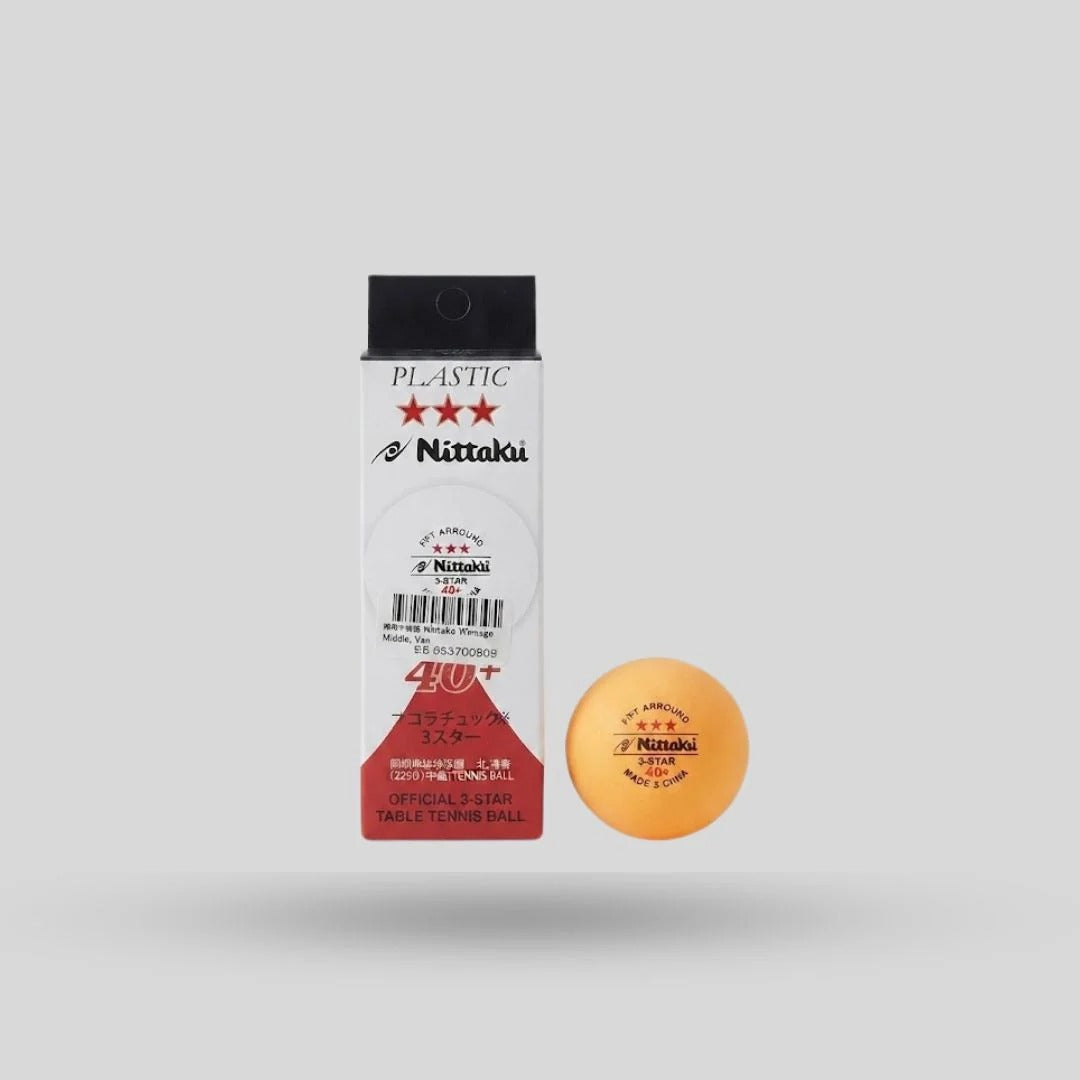 Nittaku 3 Star Plastic 40+ Table Tennis Ball single white red tube pack with one orange Nittaku 3 star ball beside it - single pack product view