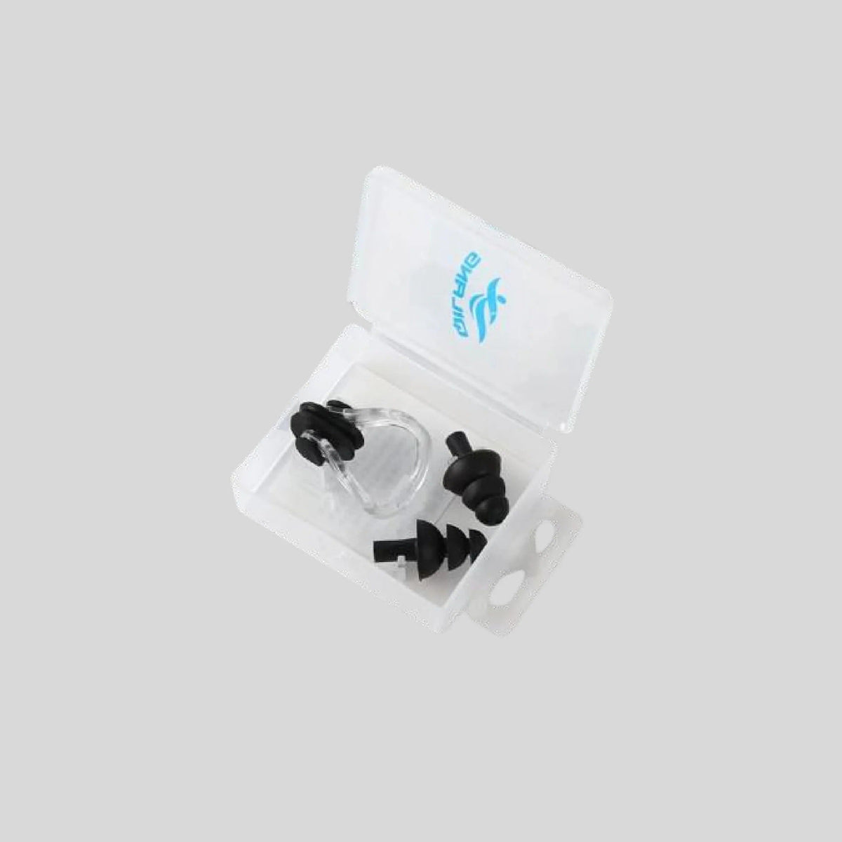 DARLING black silicone nose clip and ear plugs set in white storage case - open view