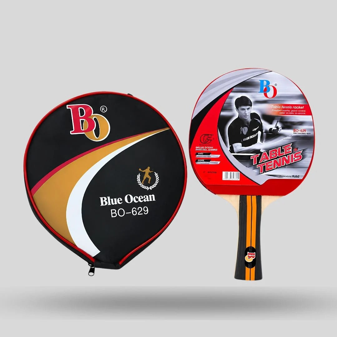 Blue Ocean BO-629 Table Tennis Racket lifestyle image showing round BO carry case and racket with graphic face cover on display - product lifestyle view