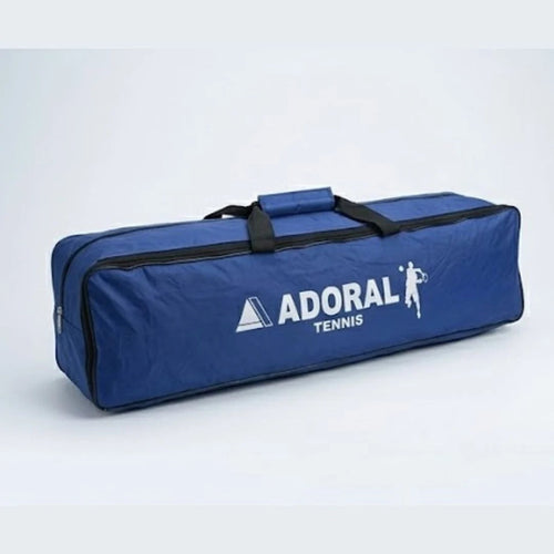 Adoral lawn tennis net navy blue carry bag with Adoral Tennis branding - front view