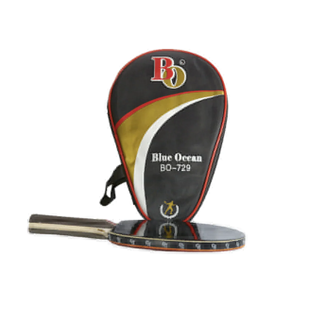 Blue Ocean BO-729 Table Tennis Racket standing upright with black gold red white racket shaped carry case behind it on white background - product hero view