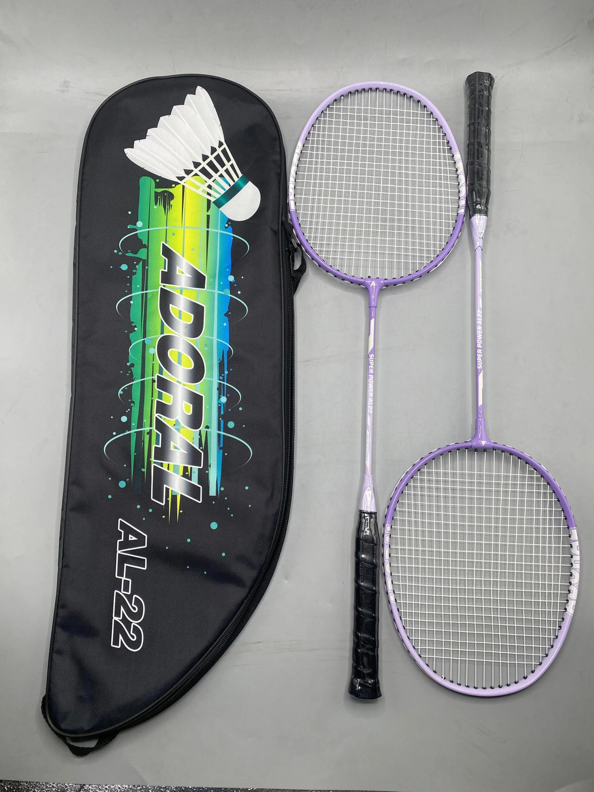 Adoral AL-22 pro lightweight badminton racket set 2 purple rackets with black Adoral carry bag - front view showing Super Power Series