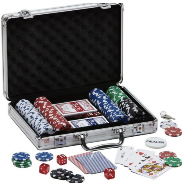Poker Game Briefcase Pack – 200 Chips with Cards, Dice & Dealer Button | Aluminum Case