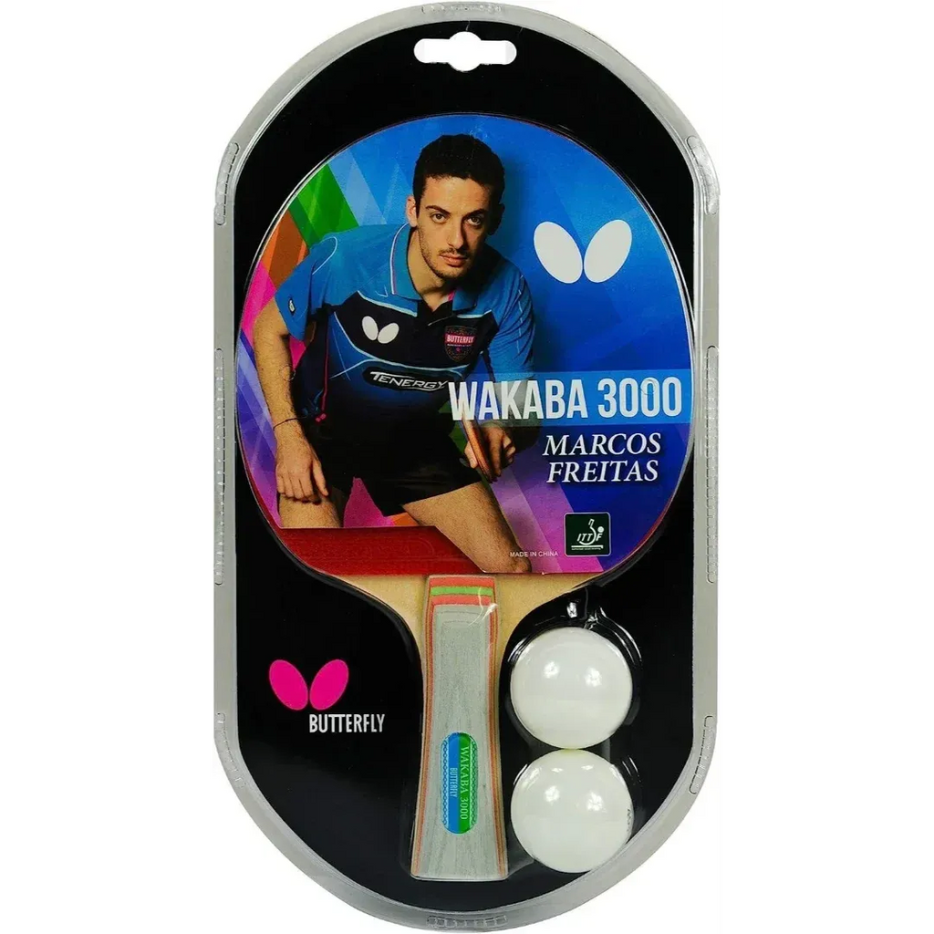 Butterfly Wakaba 3000 Table Tennis Racket in black blister pack with Marcos Freitas photo showing racket and 2 white balls - retail packaging front view