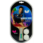 Butterfly Wakaba 3000 Table Tennis Racket in black blister pack with Marcos Freitas photo showing racket and 2 white balls - retail packaging front view