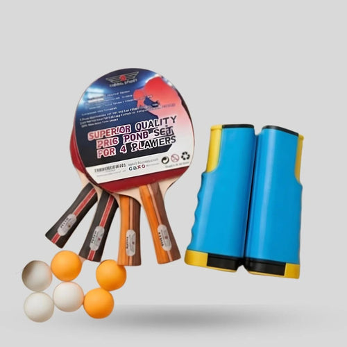 Nibiru Sport 4 Player Table Tennis Set 4 rackets fanned out with 6 balls white and orange and blue retractable net with yellow clamps - full set components view