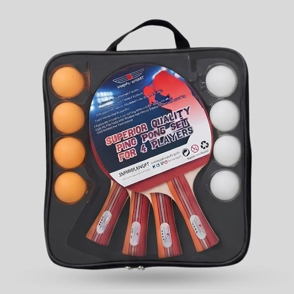 4 Player Table Tennis Set black carry bag showing 4 red rackets 4 orange balls and 4 white balls Superior Quality Ping Pong Set for 4 Players label - carry bag front view