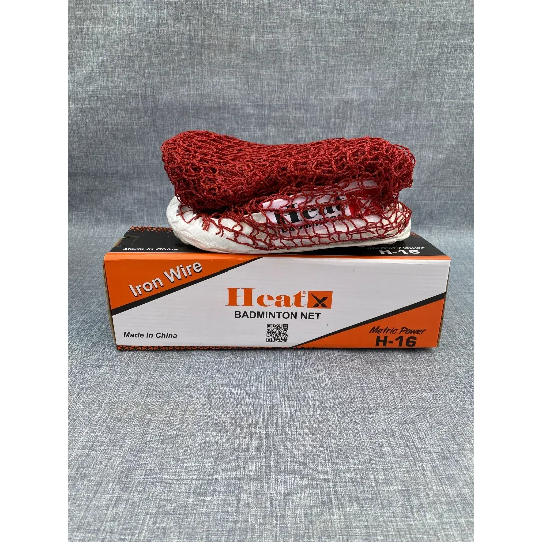 Heat X badminton net iron wire H-16 red nylon mesh on retail box showing Iron Wire and Metric Power H-16 labels