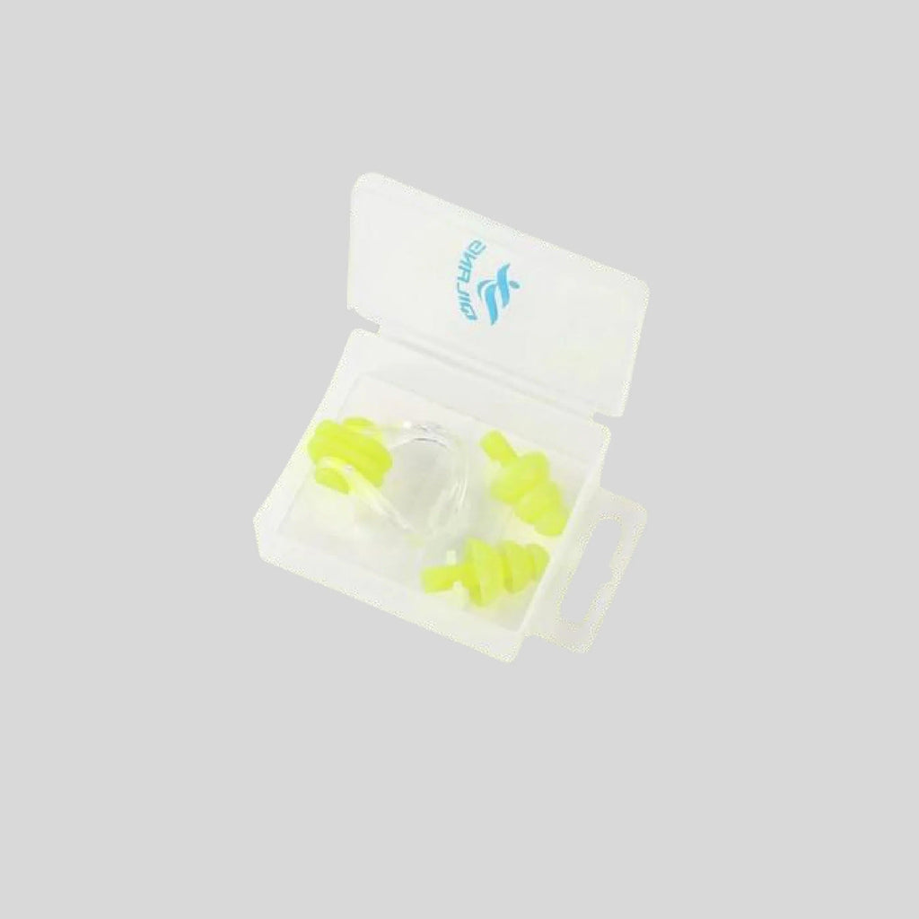 DARLING yellow-green silicone nose clip and ear plugs set in white storage case - open view
