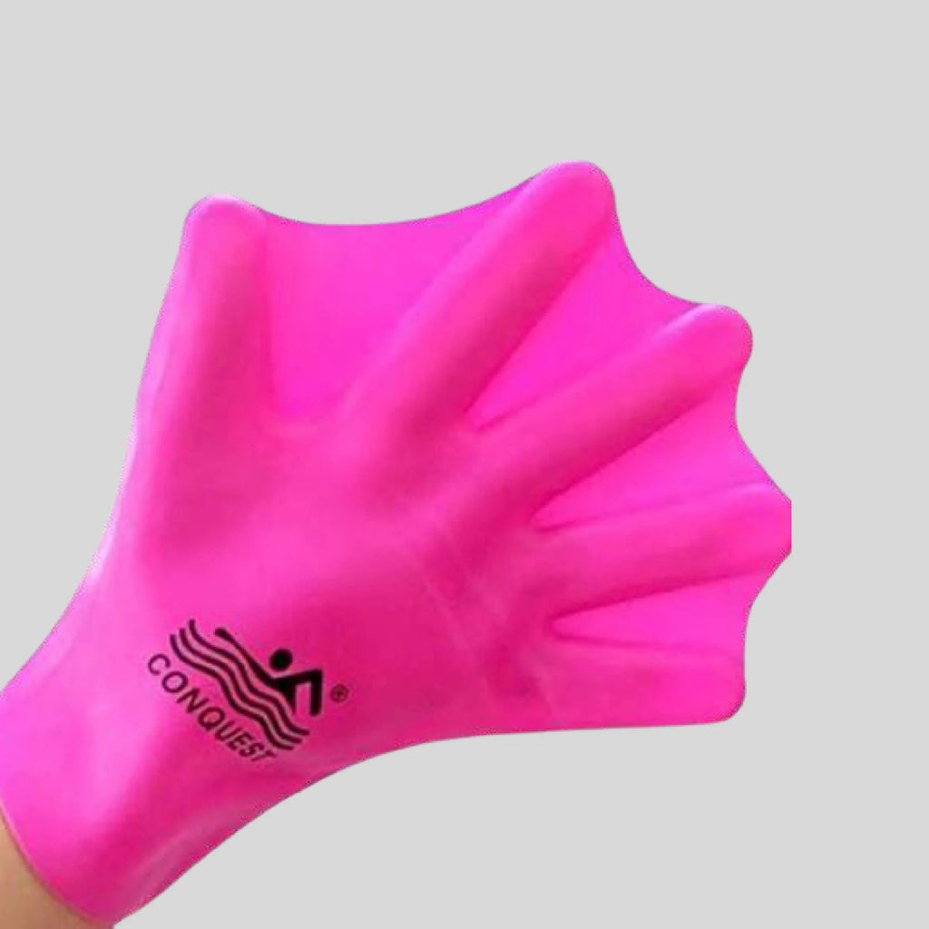 CONQUEST hot pink silicone swimming gloves with full webbed finger design - palm view