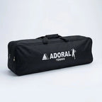 Adoral lawn tennis net double black carry bag with Adoral Tennis branding - front view