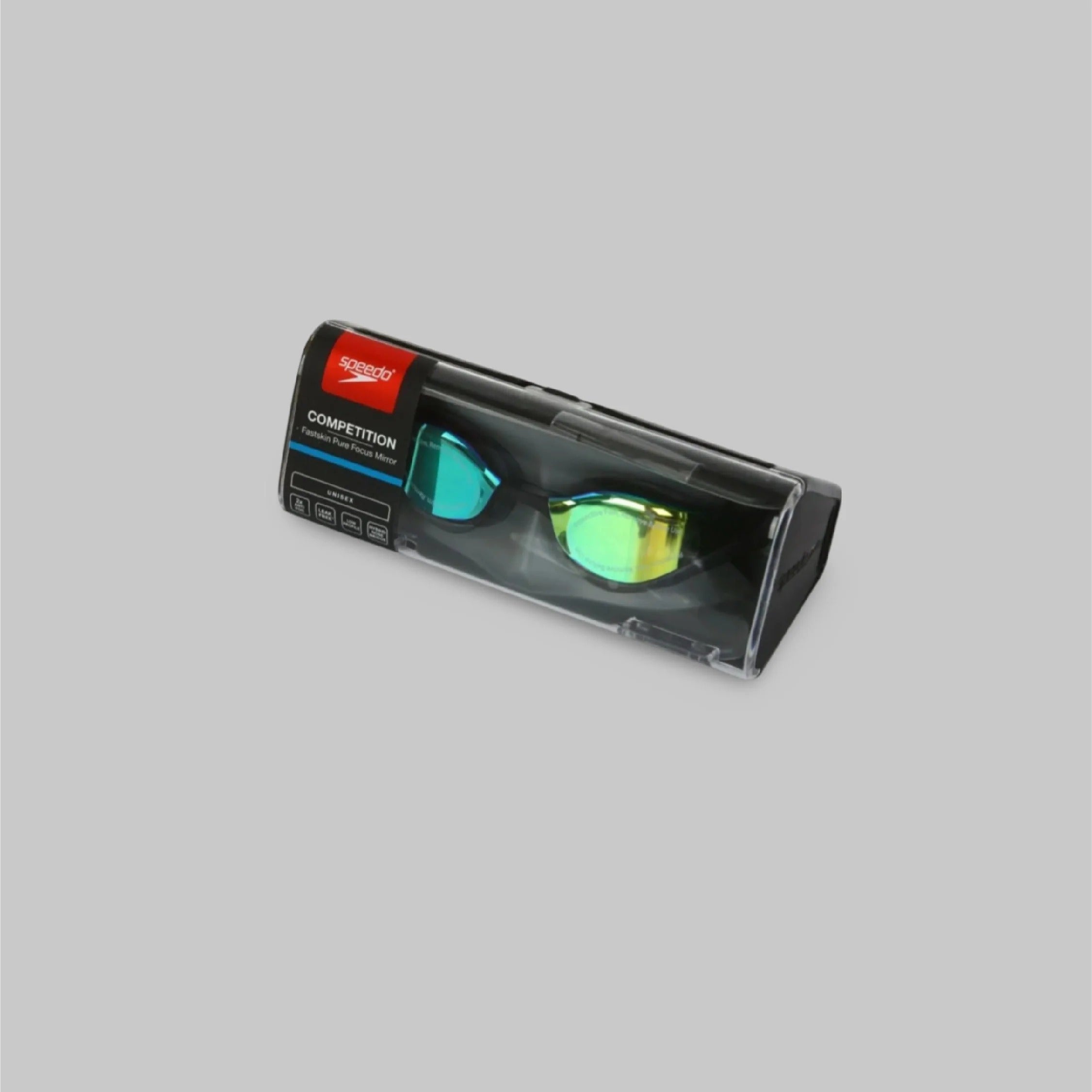 Speedo Competition Pure Focus Mirror goggles 1028M in premium black Speedo hard case packaging - front view