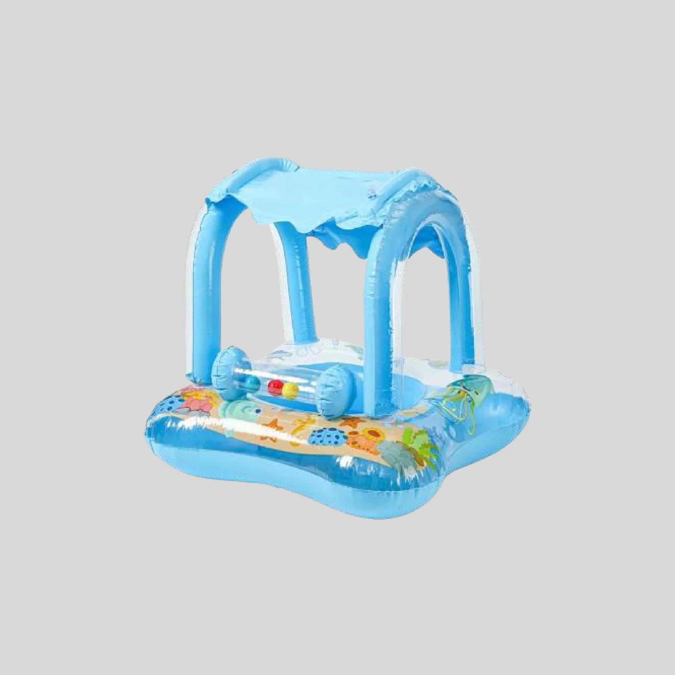 Blue baby swimming boat with inflatable sunshade canopy, bead roller toy and sea creature print floor