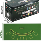 Poker Game Tin Pack 200 pieces dark green tin box dimensions 11.5cm x 11cm and green felt Blackjack playing mat 60cm - dimensions and mat view
