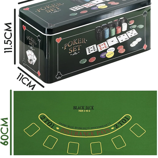 Poker Game Tin Pack – 200 Chips with Cards, Felt Mat & Dealer Buttons | Complete Set