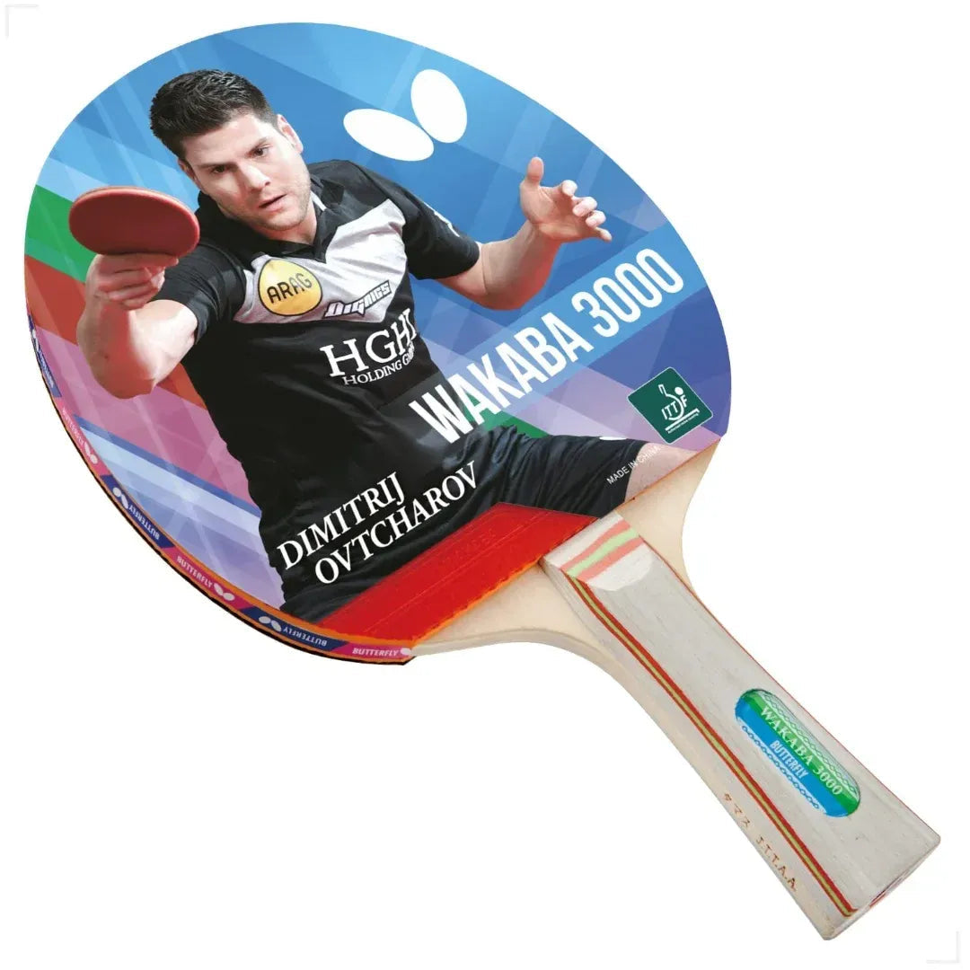 Butterfly Wakaba 3000 Table Tennis Racket front face Dimitrij Ovtcharov edition with ITTF badge on white background - clean product view