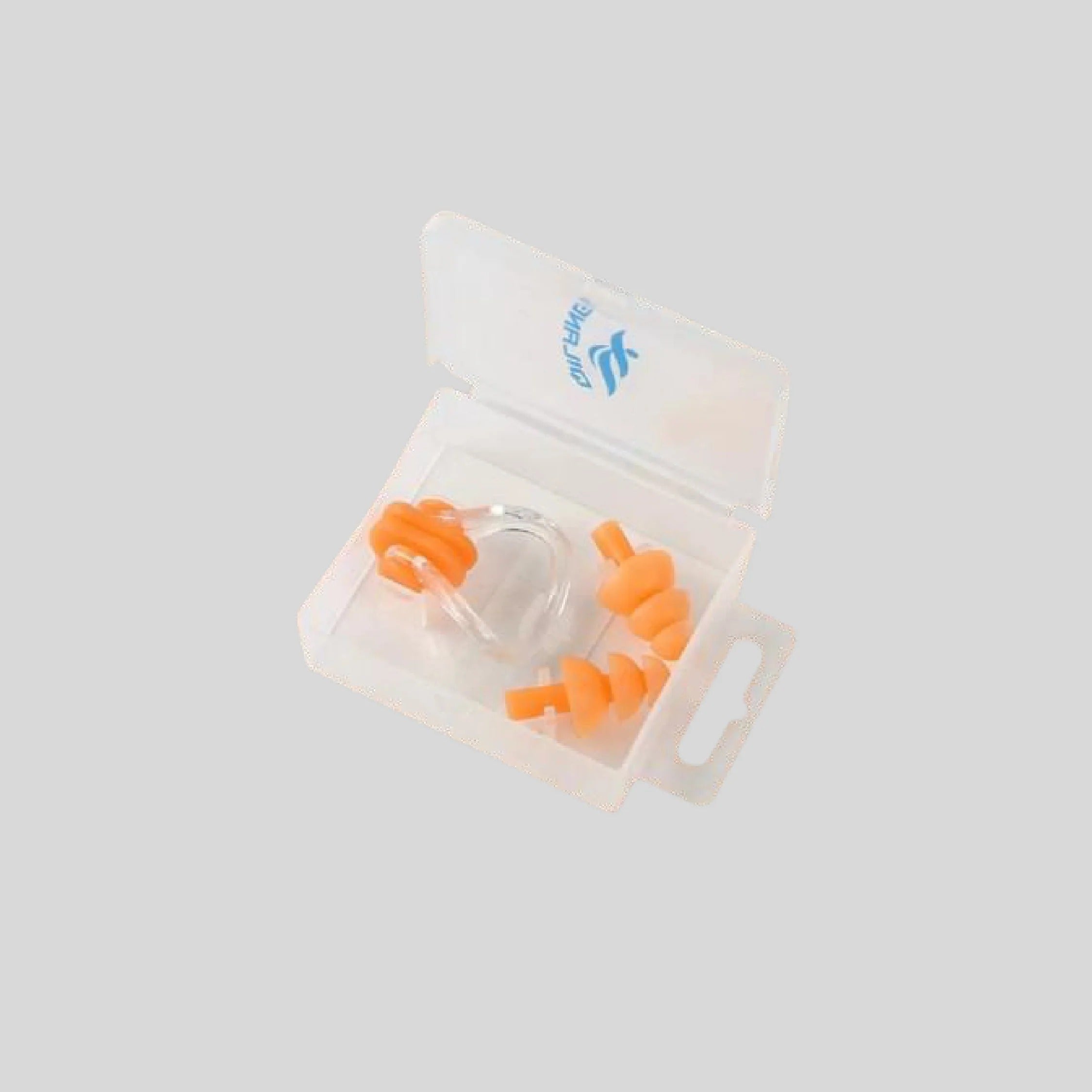 DARLING orange silicone nose clip and ear plugs set in white storage case - open view