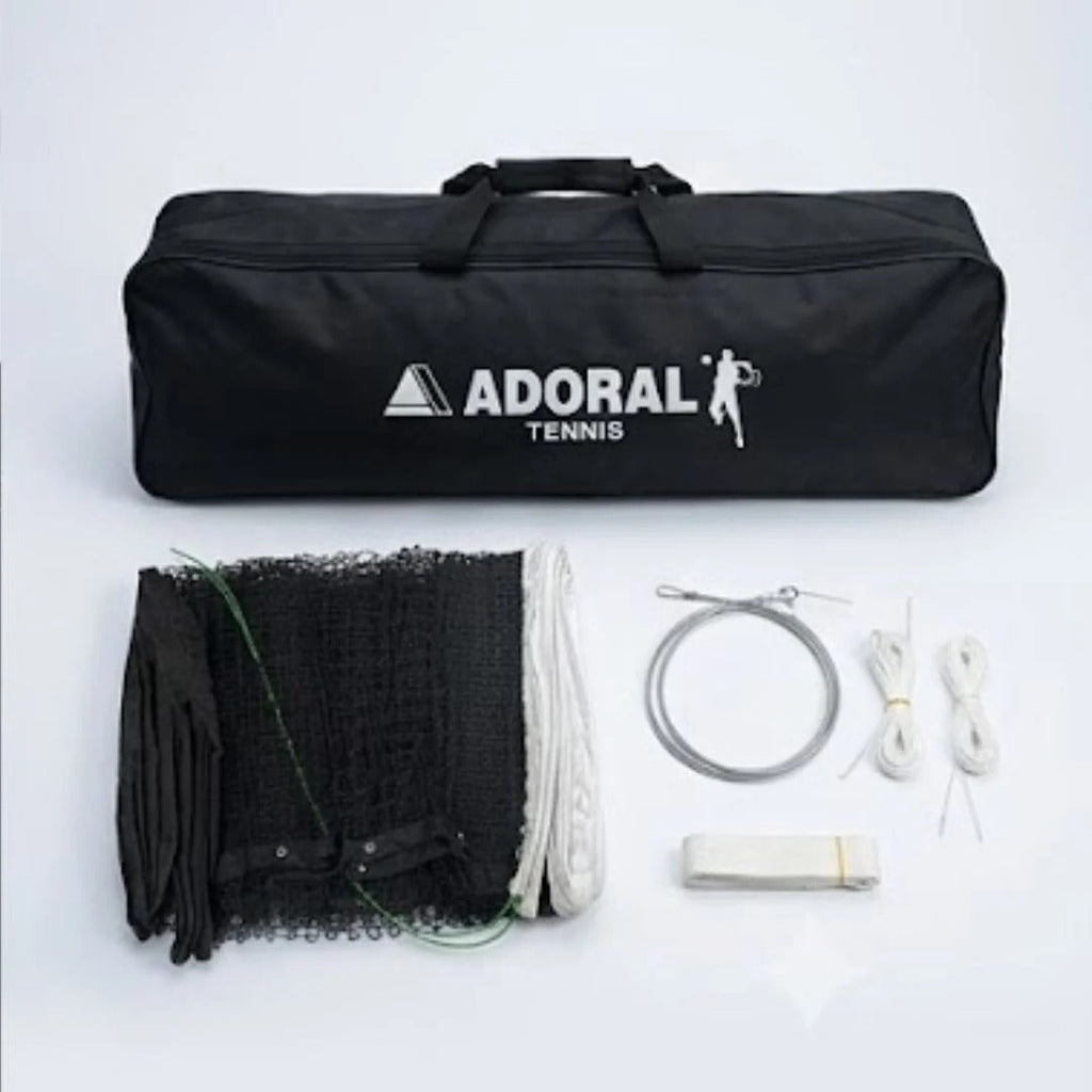 Adoral lawn tennis net double complete set showing black nylon mesh net, steel cable, side straps, center strap and black carry bag - top view
