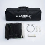 Adoral lawn tennis net double complete set showing black nylon mesh net, steel cable, side straps, center strap and black carry bag - top view