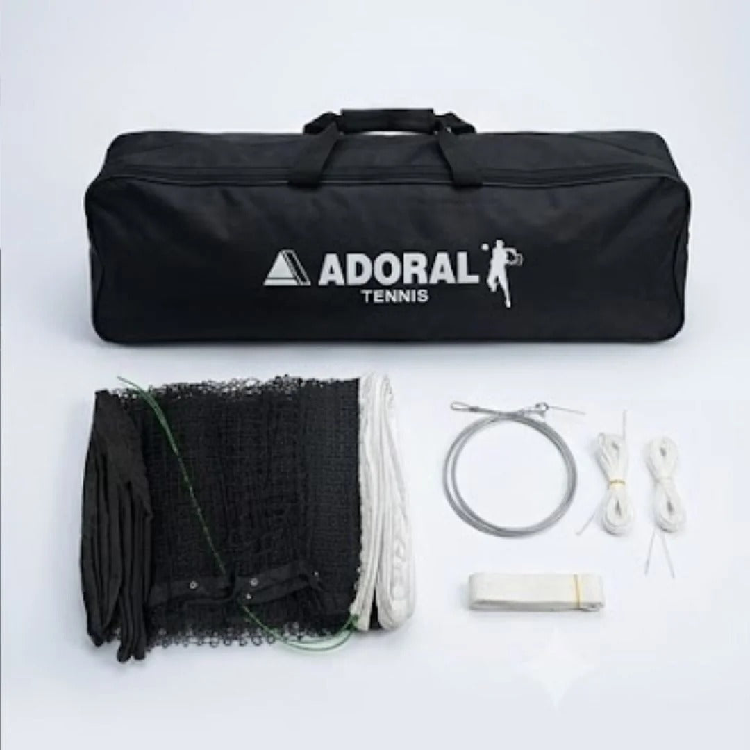 Adoral lawn tennis net double complete set showing black nylon mesh net, steel cable, side straps, center strap and black carry bag - top view