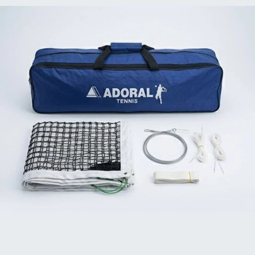 Adoral lawn tennis net complete set showing net, steel cable, side straps, center strap and navy blue carry bag - top view