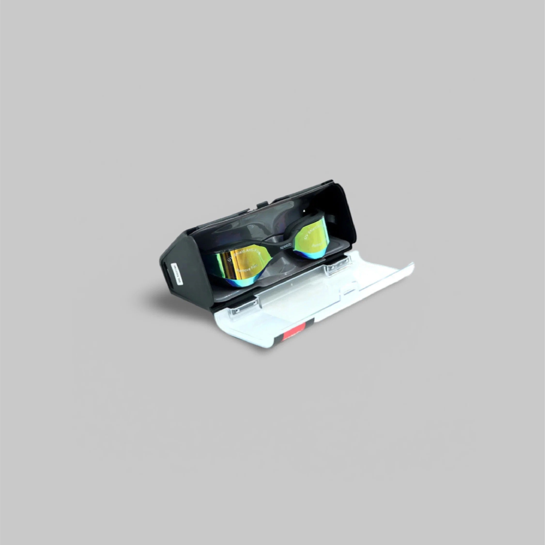 Speedo Competition Pure Focus Mirror goggles in open black clamshell hard case with white interior