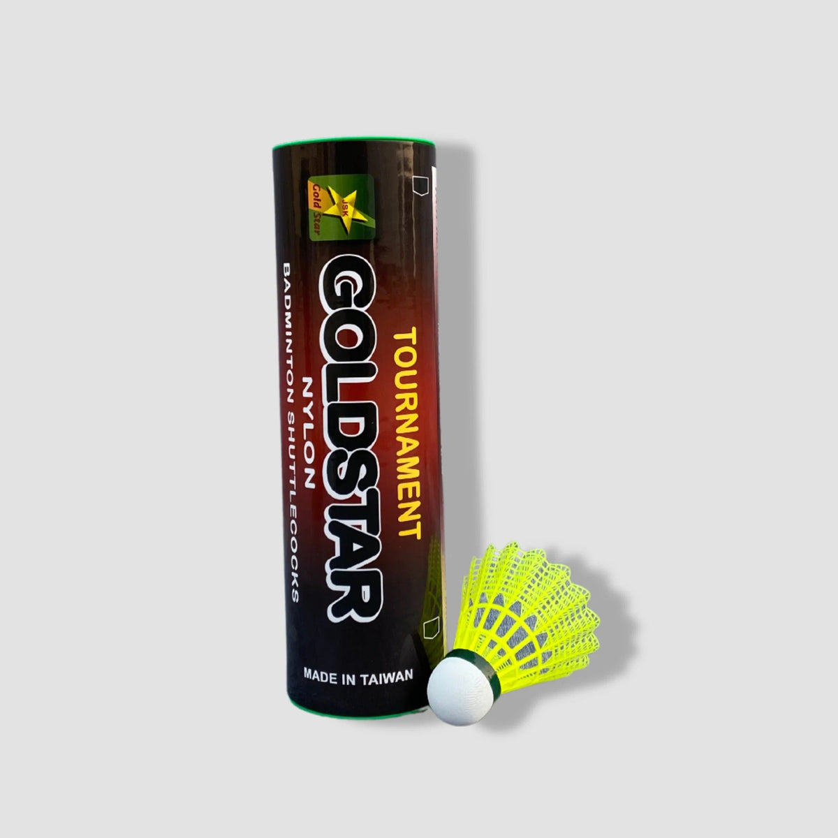 GoldStar tournament nylon badminton shuttlecock yellow pack of 6 in tube with GoldStar branding - Made in Taiwan