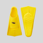 SPURT yellow silicone swimming fins - short blade training fins showing foot pocket and chevron textured sole