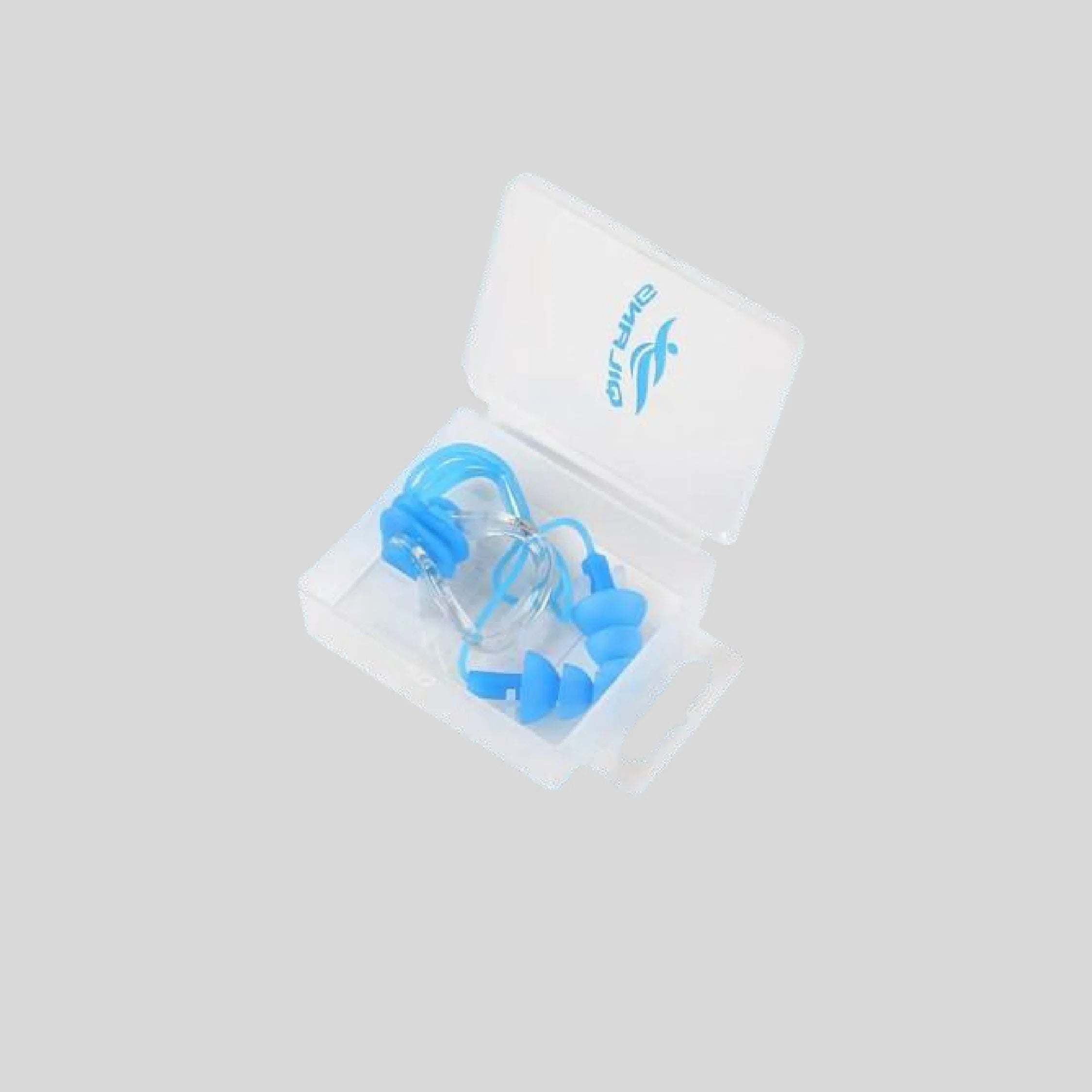 DARLING blue silicone nose clip and ear plugs set with blue strap in white storage case - open view