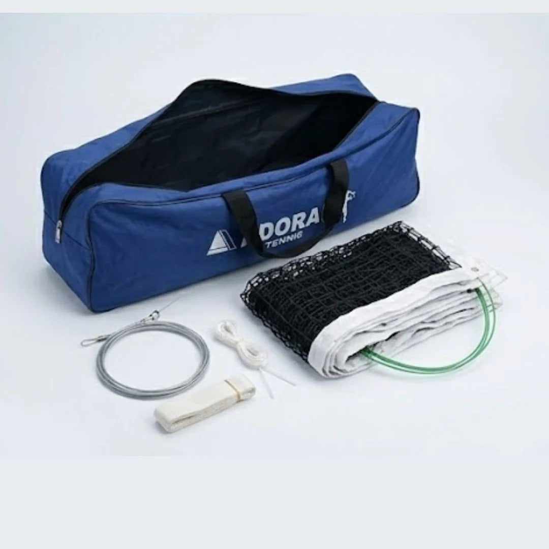 Adoral lawn tennis net complete set showing net, steel cable, straps and open navy blue Adoral Tennis carry bag - side view