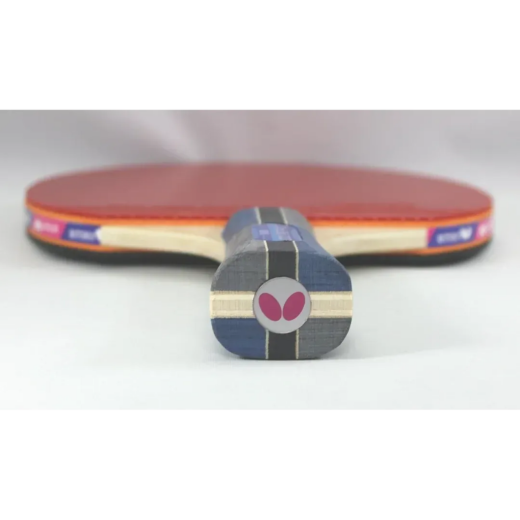 Butterfly Timo Boll 1000 Table Tennis Racket handle end cap close-up showing pink Butterfly logo on blue striped wood butt cap with red rubber blade resting behind - handle end detail view