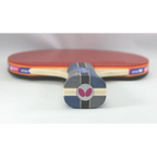 Butterfly Timo Boll 1000 Table Tennis Racket handle end cap close-up showing pink Butterfly logo on blue striped wood butt cap with red rubber blade resting behind - handle end detail view