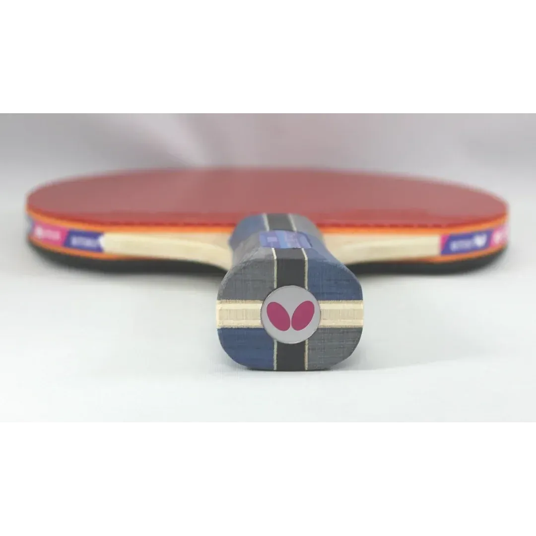 Butterfly Timo Boll 1000 Table Tennis Racket handle end cap close-up showing pink Butterfly logo on blue striped wood butt cap with red rubber blade resting behind - handle end detail view