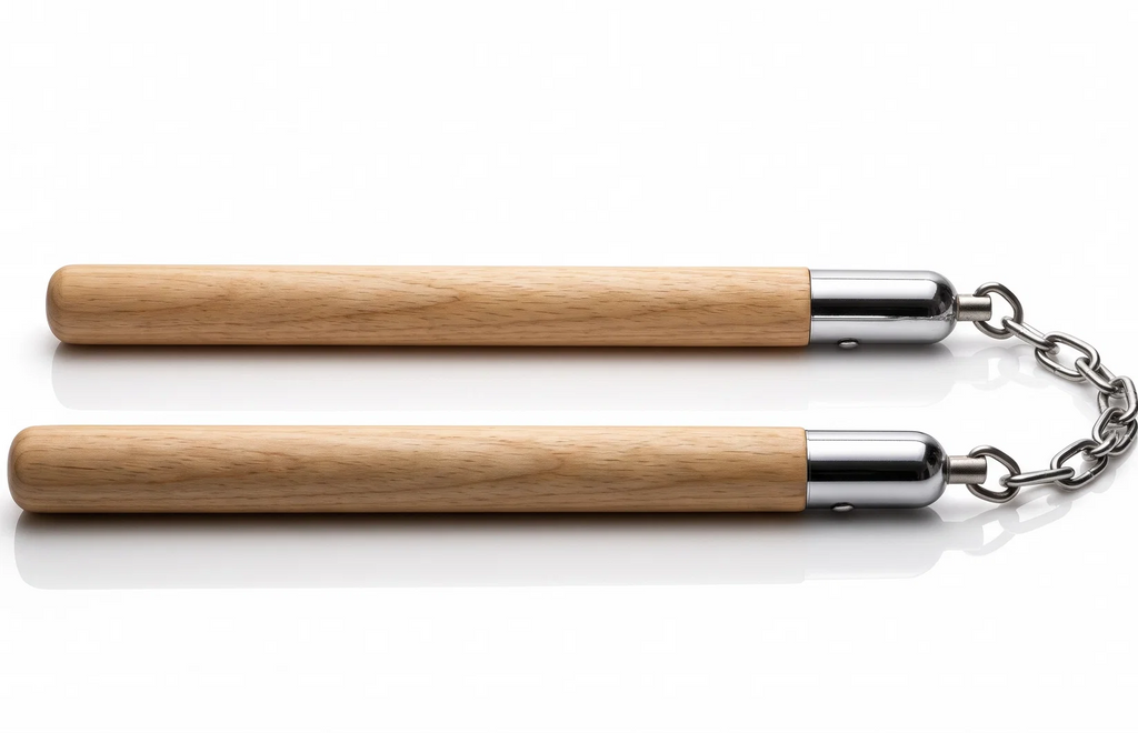 Wooden nunchaku natural beech wood sticks with chrome steel end caps and chain link connector - side view