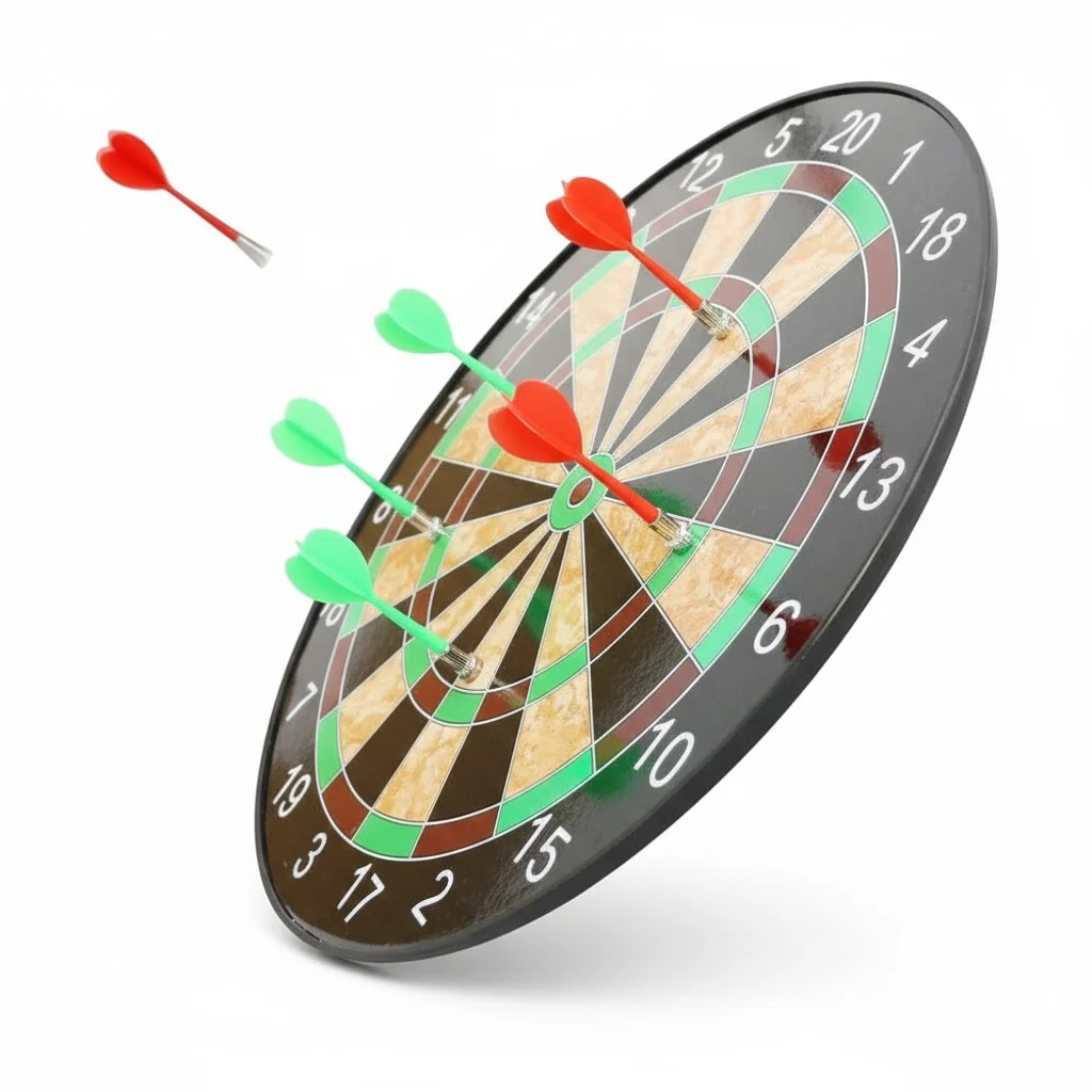 Magnetic dart board with red and green darts