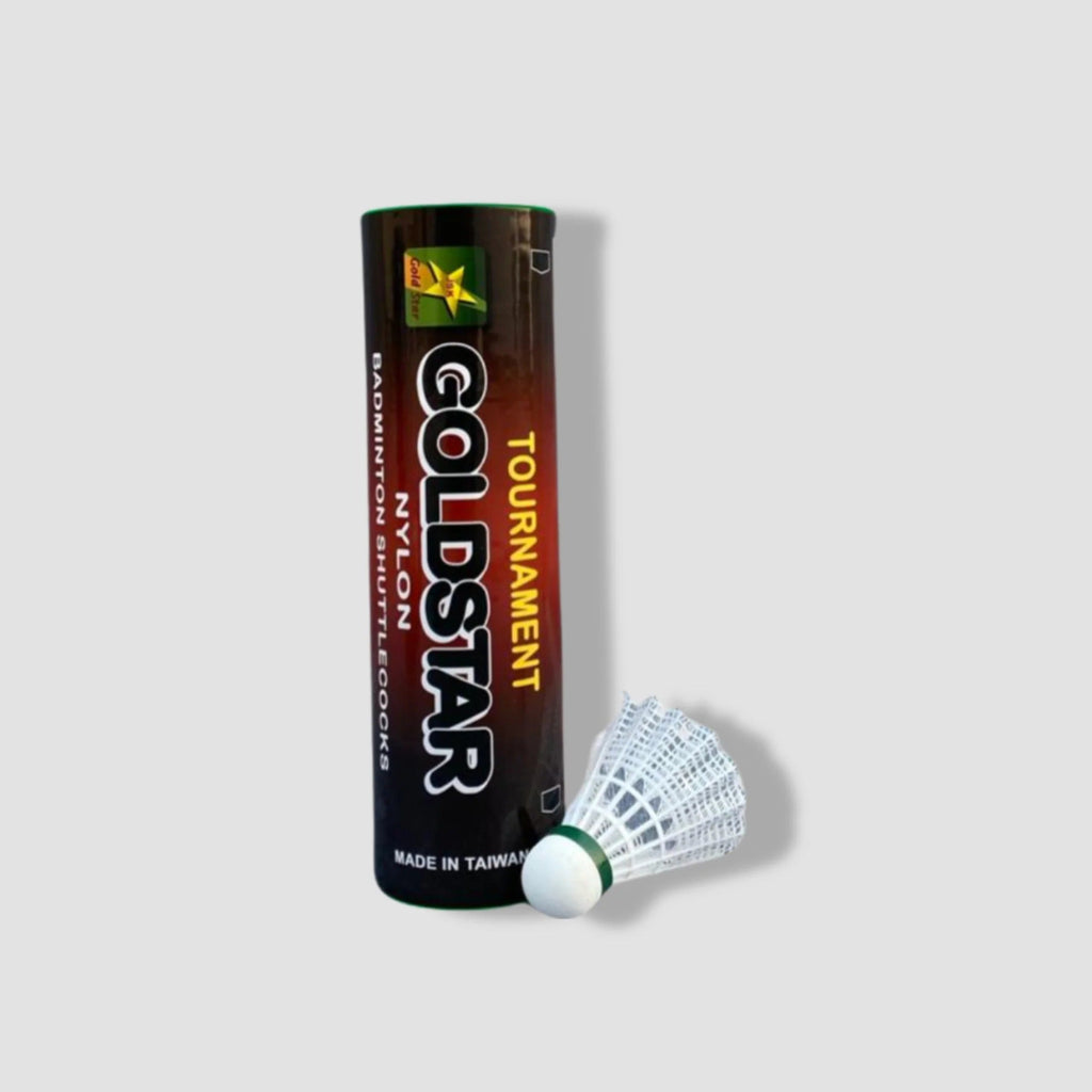 GoldStar tournament nylon badminton shuttlecock white pack of 6 in tube with GoldStar branding - Made in Taiwan