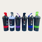 3DC2 Protein Shaker Bottle 6 colors red white purple black blue green lineup showing measurement markings and flip-lock lids - all colors