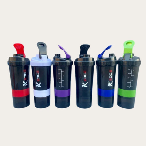 3DC2 Protein Shaker Bottle 6 colors red white purple black blue green lineup showing measurement markings and flip-lock lids - all colors